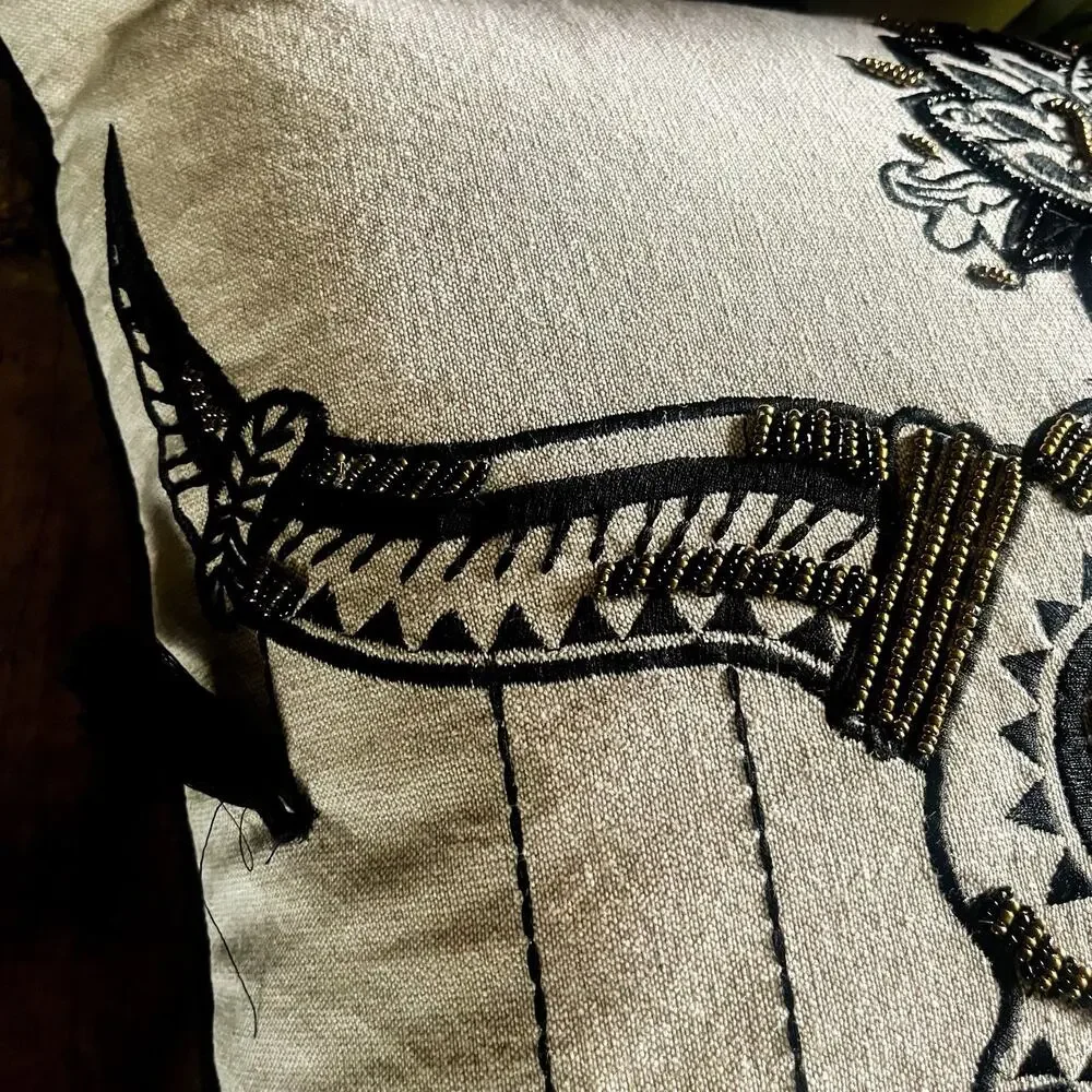 NEW Western Beaded Embroidered Tassled Accent Decorative Pillow -Black Tan Gold